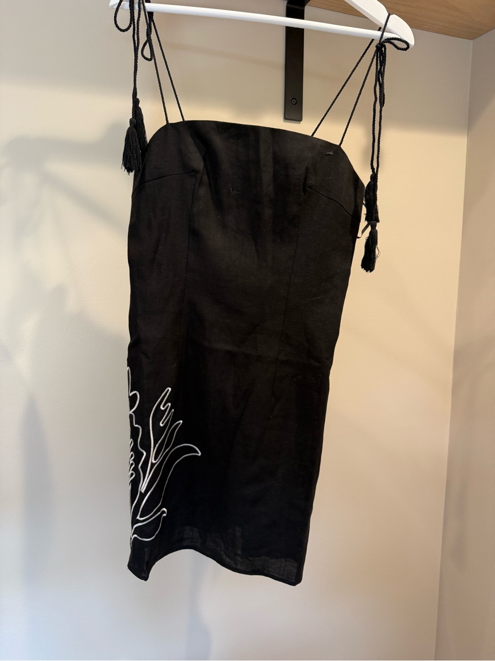 Commense Linen Black Mini Dress with White Embroidered Detail